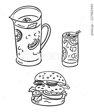 Hand drawn vector of picnic food including burger, pitcher of lemonade, and glass with ice and citrus slices 127983393