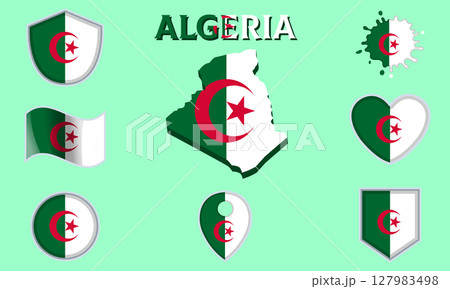 Collection of flat national flags of Algeria with map Collection of flat national flags of Algeria with map 127983498