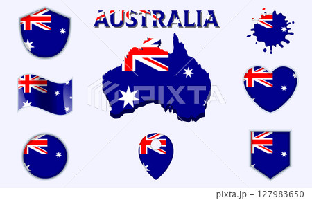 Collection of flat national flags of Australia with map Collection of flat national flags of Australia with map 127983650