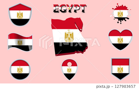 Collection of flat national flags of Egypt with map 127983657