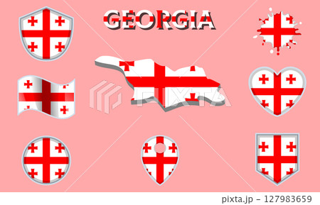 Collection of flat national flags of Georgia with map 127983659
