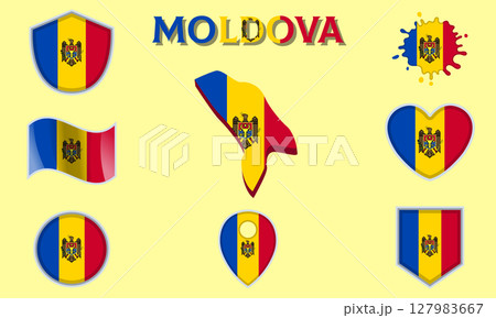 Collection of flat national flags of Moldova with map 127983667