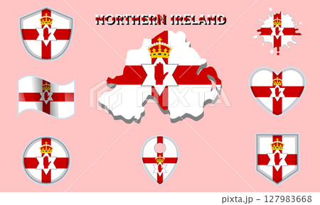 Collection of flat national flags of Northern Ireland with map 127983668