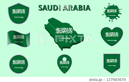 Collection of flat national flags of Saudi Arabia with map 127983670