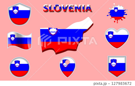 Collection of flat national flags of Slovenia with map 127983672