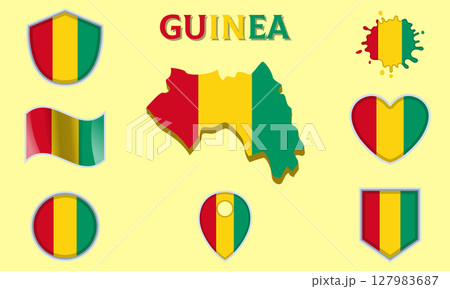 Collection of flat national flags of Guinea with map 127983687
