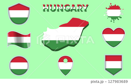 Collection of flat national flags of Hungary with map Collection of flat national flags of Hungary with map 127983689