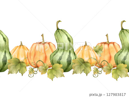 Seamless Autumn Pumpkins Hand-Drawn Border 127983817