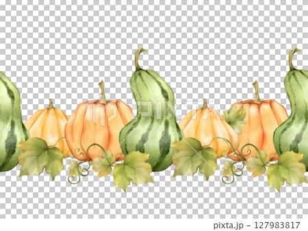 Seamless Autumn Pumpkins Hand-Drawn Border 127983817