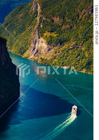 Fjord Geirangerfjord with cruise ship, Norway. 127983961