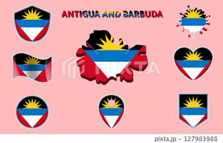 Collection of flat national flags of Antigua and Barbuda with map 127983988