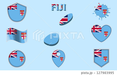 Collection of flat national flags of Fiji with map 127983995