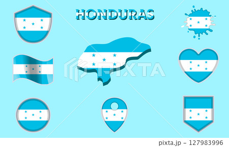 Collection of flat national flags of Honduras with map 127983996