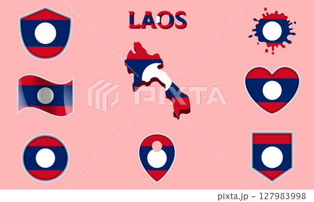 Collection of flat national flags of Laos with map 127983998