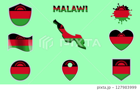 Collection of flat national flags of Malawi with map Collection of flat national flags of Malawi with map 127983999
