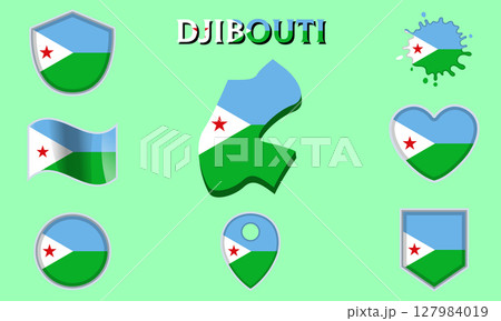 Collection of flat national flags of Djibouti with map 127984019