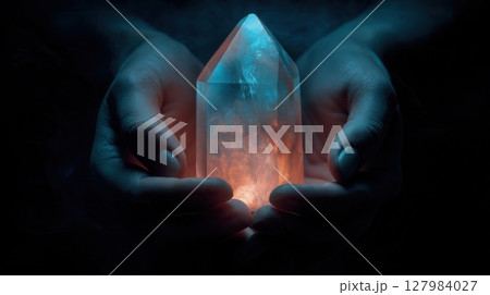 Hands Holding a Glowing Crystal 127984027