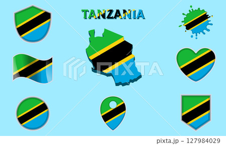 Collection of flat national flags of Tanzania with map 127984029
