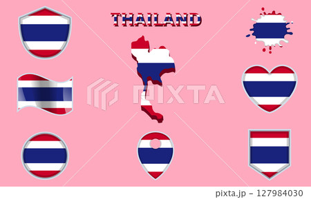 Collection of flat national flags of Thailand with map 127984030