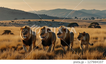 Three lions and one lioness walk through dry grass in the wild, 127984107