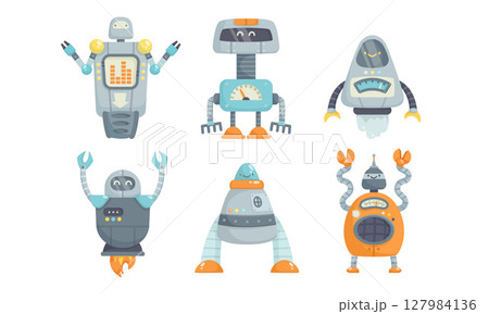 Explore the appealing and vibrant world filled with fun and colorful cartoon robot characters Explore the appealing and vibrant world filled with fun and colorful cartoon robot characters 127984136