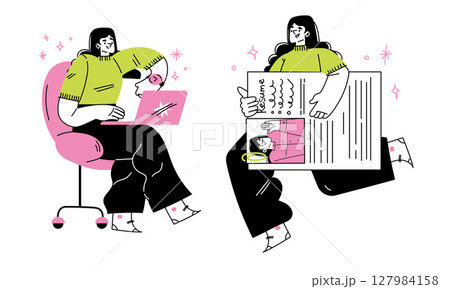 An Illustration Representing a Modern Workplace with Creative Workers Engaged in Their Tasks 127984158