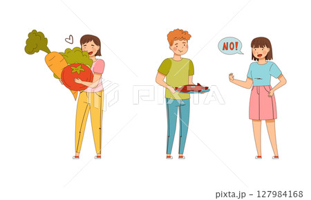 People eating healthy vegetarian food. Healthy lifestyle, vegetarian diet. Environment preservation and ecology protection cartoon vector illustration People eating healthy vegetarian food. Healthy lifestyle, vegetarian diet. Environment preservation and ecology protection cartoon vector illustration 127984168