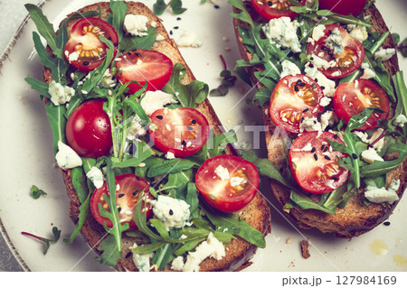 arugula sandwiches and cherry tomatoes, cheese with mold, breakfast, snack, homemade, arugula sandwiches and cherry tomatoes, cheese with mold, breakfast, snack, homemade, 127984169