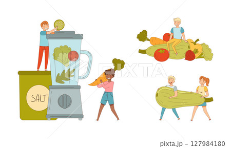 People eating and cooking healthy vegetarian food. Healthy lifestyle, vegetarian diet cartoon vector illustration People eating and cooking healthy vegetarian food. Healthy lifestyle, vegetarian diet cartoon vector illustration 127984180