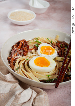 buckwheat noodles soba with shimeji mushrooms, with boiled egg, green onion, sesame seeds, homemade, without people, 127984210