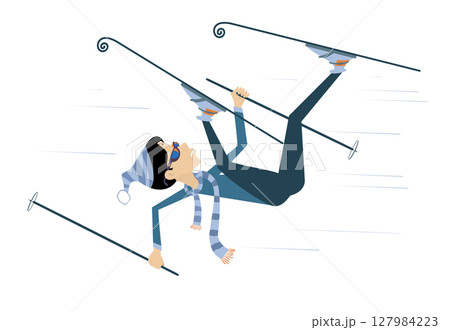 Falling down young skier woman. Winter sport. Young woman skiing. Isolated on white background Falling down young skier woman. Winter sport. Young woman skiing. Isolated on white background 127984223