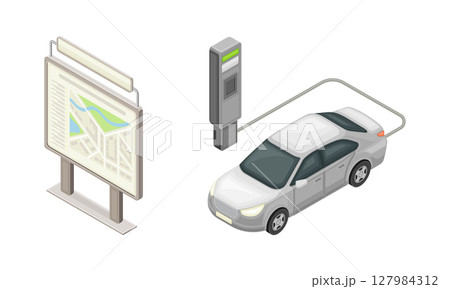 Information stand with city map and electric car charging at charger station isometric vector illustration Information stand with city map and electric car charging at charger station isometric vector illustration 127984312