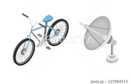 Satellite dish antenna and bicycle isometric vector illustration 127984313