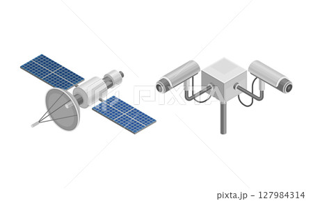 Space orbital satellite and outdoor video cameras isometric vector illustration Space orbital satellite and outdoor video cameras isometric vector illustration 127984314