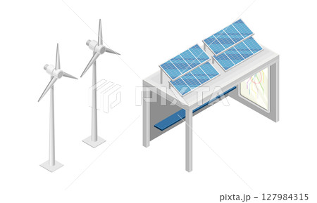 Wind power turbines, solar panels. Eco energy isometric vector illustration 127984315