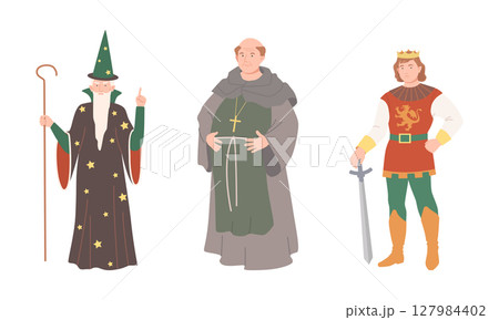 Heroes of fairy tales set. Wizard, prince and monk cartoon vector illustration 127984402
