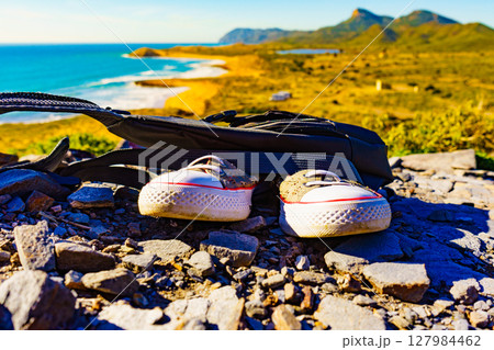 Coast landscape with summer walk equipment, Spain. Coast landscape with summer walk equipment, Spain. 127984462