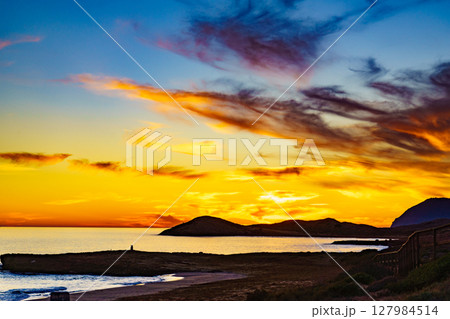 Sunset over sea, Calblanque beach, Spain 127984514