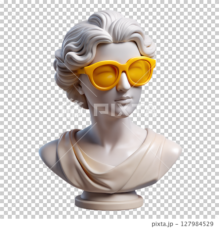 Classical female bust statue with yellow sunglasses 3d, marble sculpture with retro twist Classical female bust statue with yellow sunglasses 3d, marble sculpture with retro twist 127984529