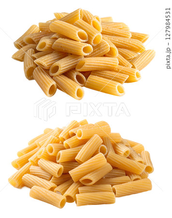 Pile of rigatoni pasta isolated, uncooked tube-shaped italian noodles 127984531