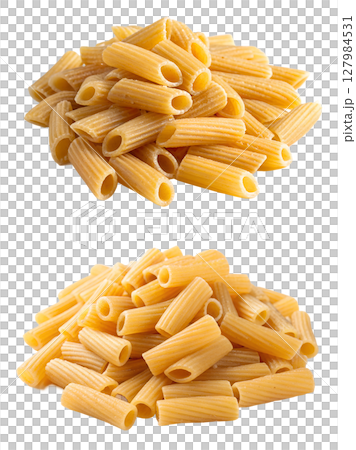 Pile of rigatoni pasta isolated, uncooked tube-shaped italian noodles Pile of rigatoni pasta isolated, uncooked tube-shaped italian noodles 127984531
