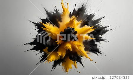 Bold visual of yellow and black powder burst over white backdrop with particles flying in abstract motion and detailed artistic texture 127984535