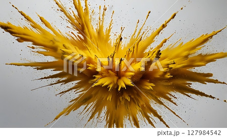 Bright yellow powder explosion frozen in motion against a clean white background, showcasing energy, texture, and vibrant artistic contrast Bright yellow powder explosion frozen in motion against a clean white background, showcasing energy, texture, and vibrant artistic contrast 127984542