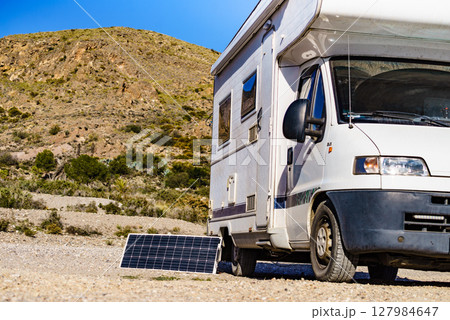 Solar panel at caravan camp on nature 127984647