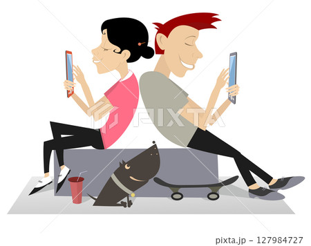 Young people sitting back to back and using smartphones. Modern life. Communication. Young people sitting back to back and using smartphones Young people sitting back to back and using smartphones. Modern life. Communication. Young people sitting back to back and using smartphones 127984727