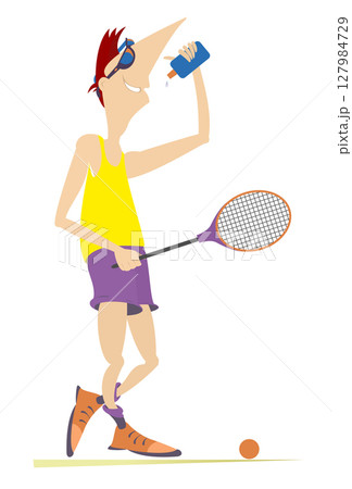 Smiling young man playing tennis. Tennis court Young man with a tennis racket drinks water. Isolated on white illustration Smiling young man playing tennis. Tennis court Young man with a tennis racket drinks water. Isolated on white illustration 127984729