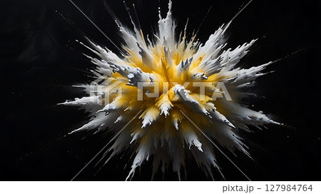 Yellow and white powder explosion frozen in air with soft light and sharp dusty texture on black background 127984764