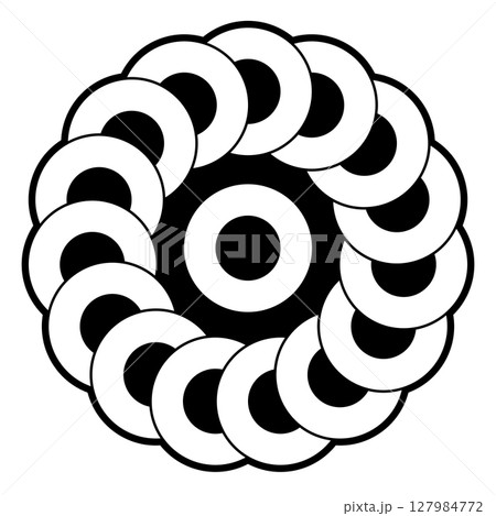 Chain of circles, crop circle pattern. White overlapping interconnected circular shapes, rotated around a circle in the center, creating a multi-layer effect. Found 2025 near Jurassic Coast in Devon. 127984772