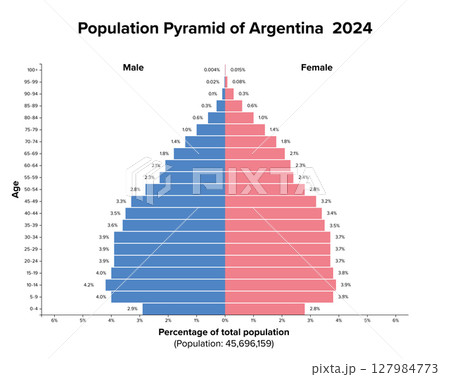 Argentina, population pyramid, 2024. Age structure diagram and graphical illustration of the distribution of over 45 million people, divided into females and males, quoted in percent and 4-year steps. 127984773