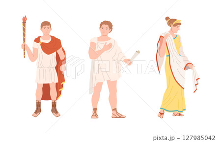 Roman citizens in traditional clothing set. Ancient Rome citizen characters in white tunic and sandals cartoon vector illustration 127985042